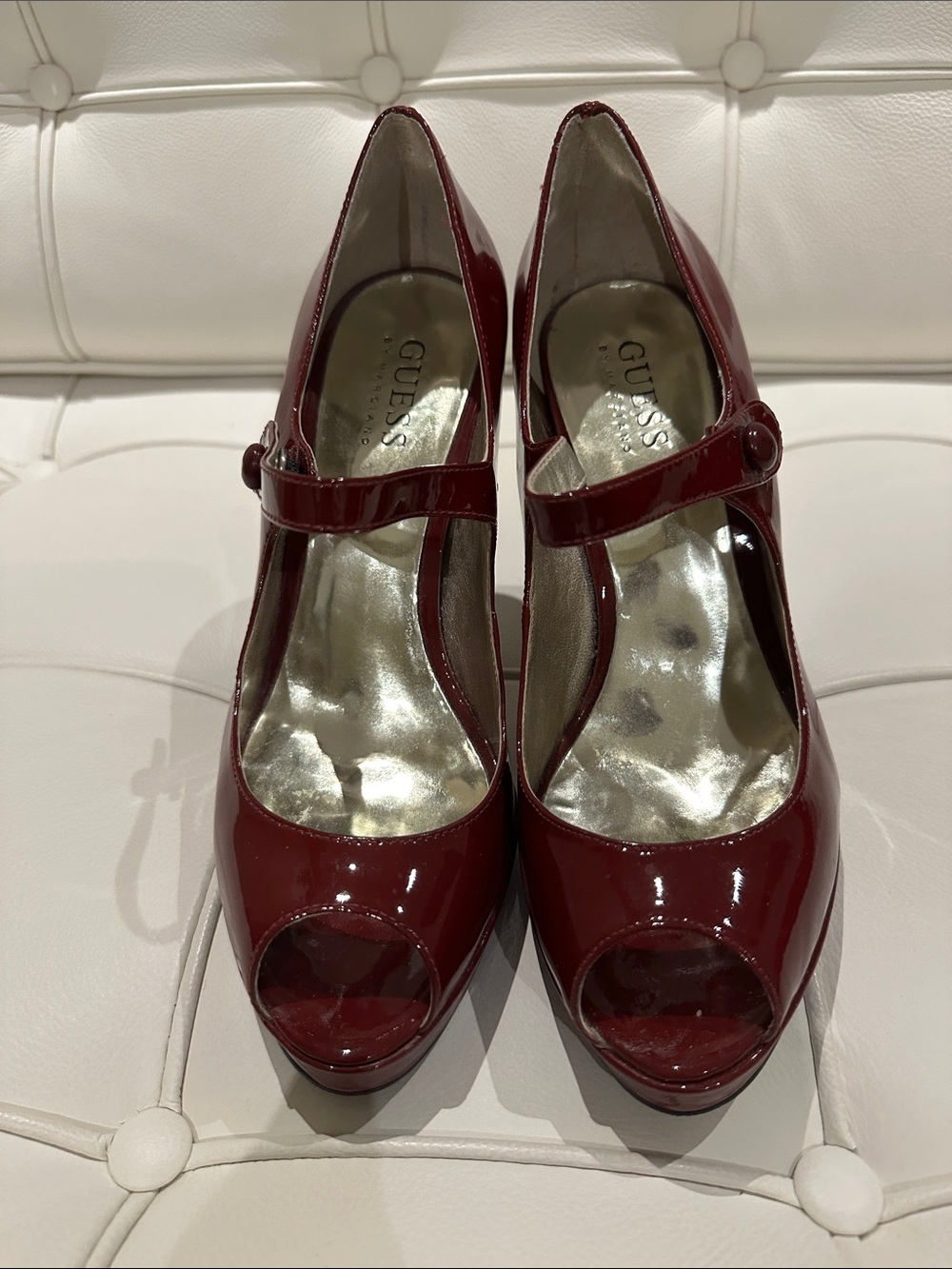 Guess Wine Red Patent Mary Jane Peep-Toe Heels